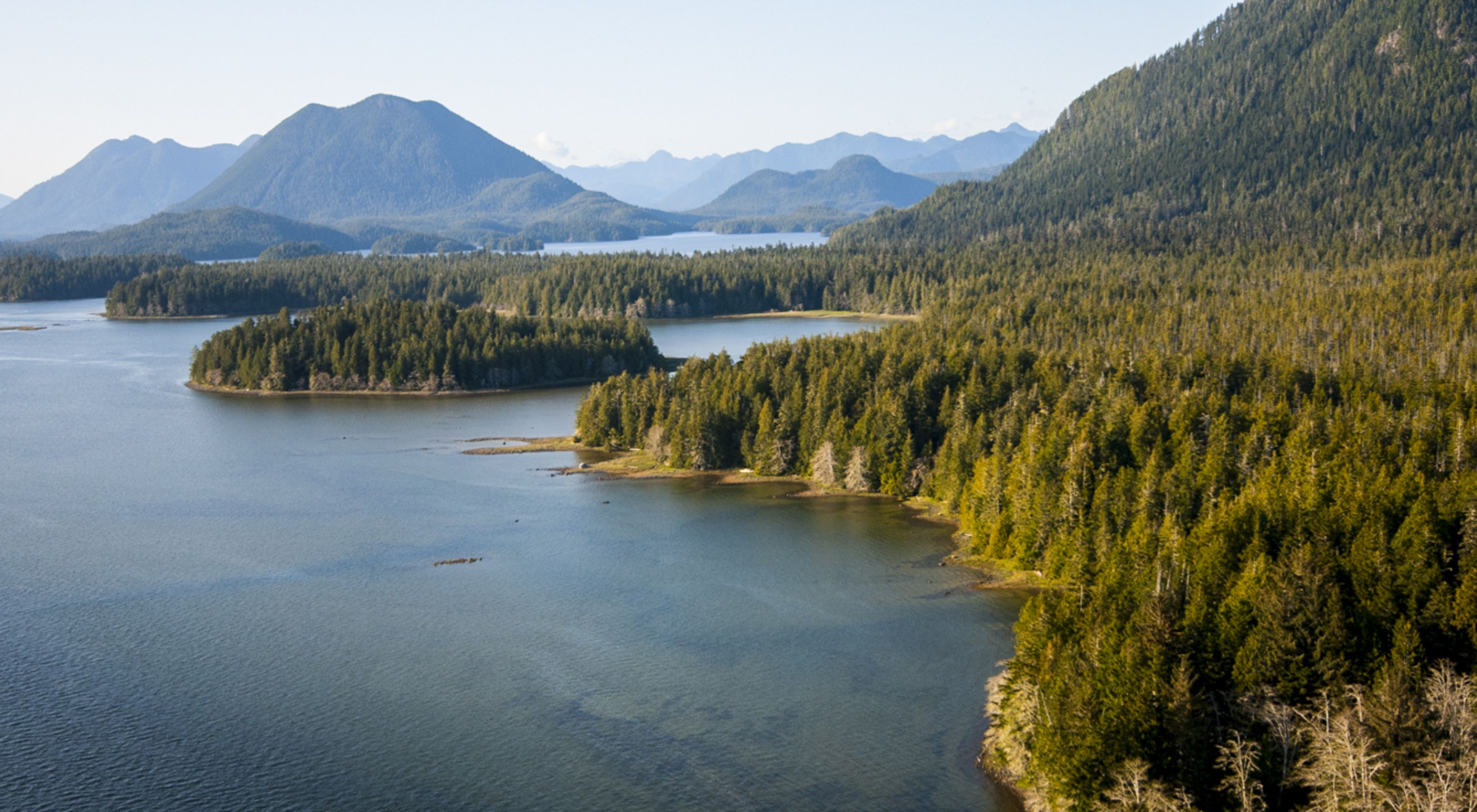 An aerial view of Clayoquot Sound, on the west coast of Vancouver Island in the Canadian province of British Columbia.
