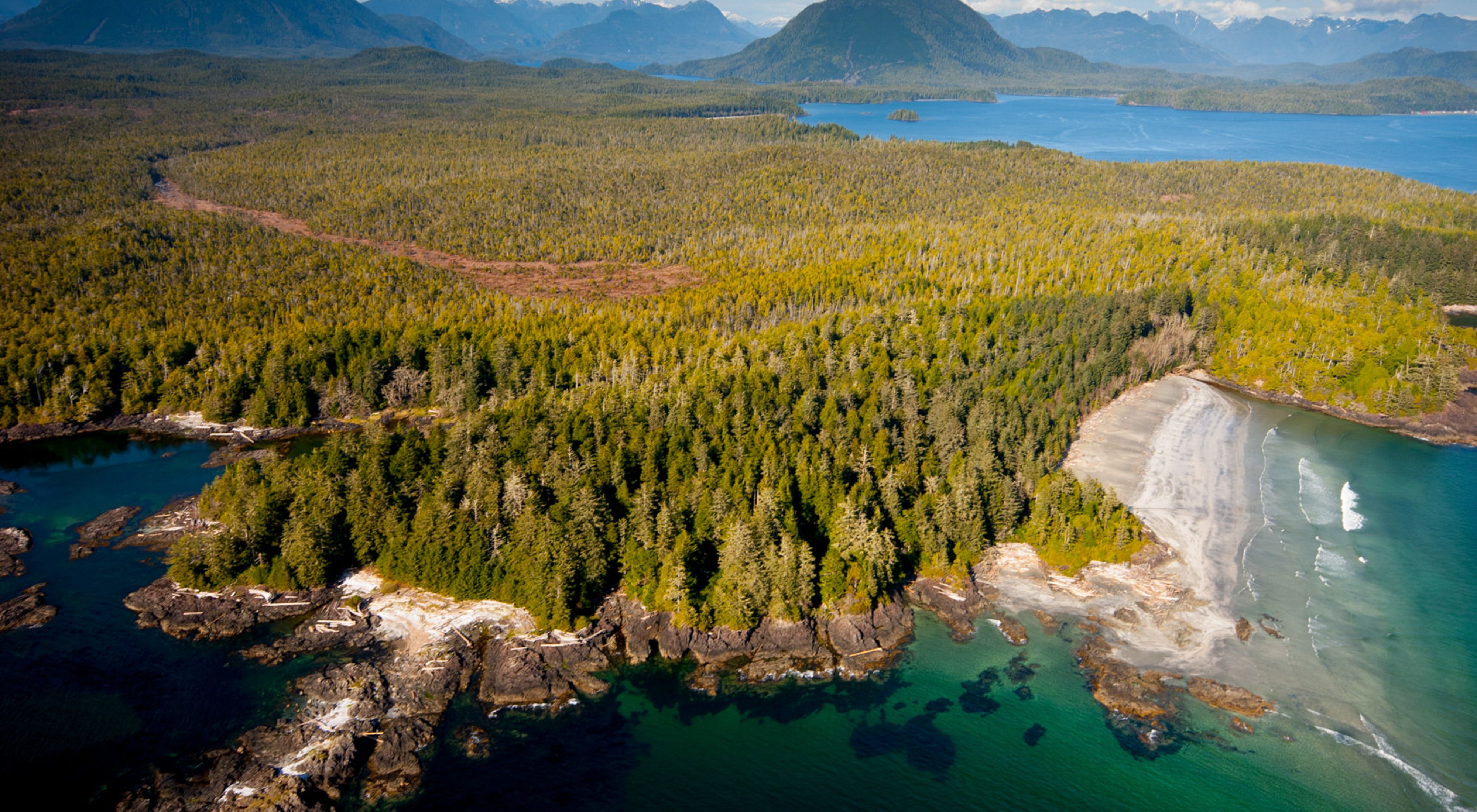 An aerial view of Clayoquot Sound, on the west coast of Vancouver Island in the Canadian province of British Columbia. 