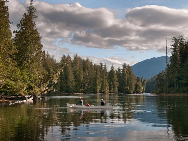 a canoe on a still river near wooded land