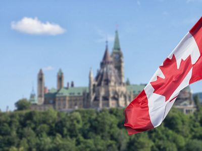Canadian flag waving with Parliament Buildings hill and Library in the background