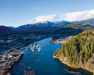 aerial photo of a forest alongside a lake in the northwest territories