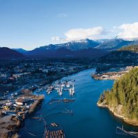 Aerial view of a lumberyard town in Squamish, British Columbia, Canada.