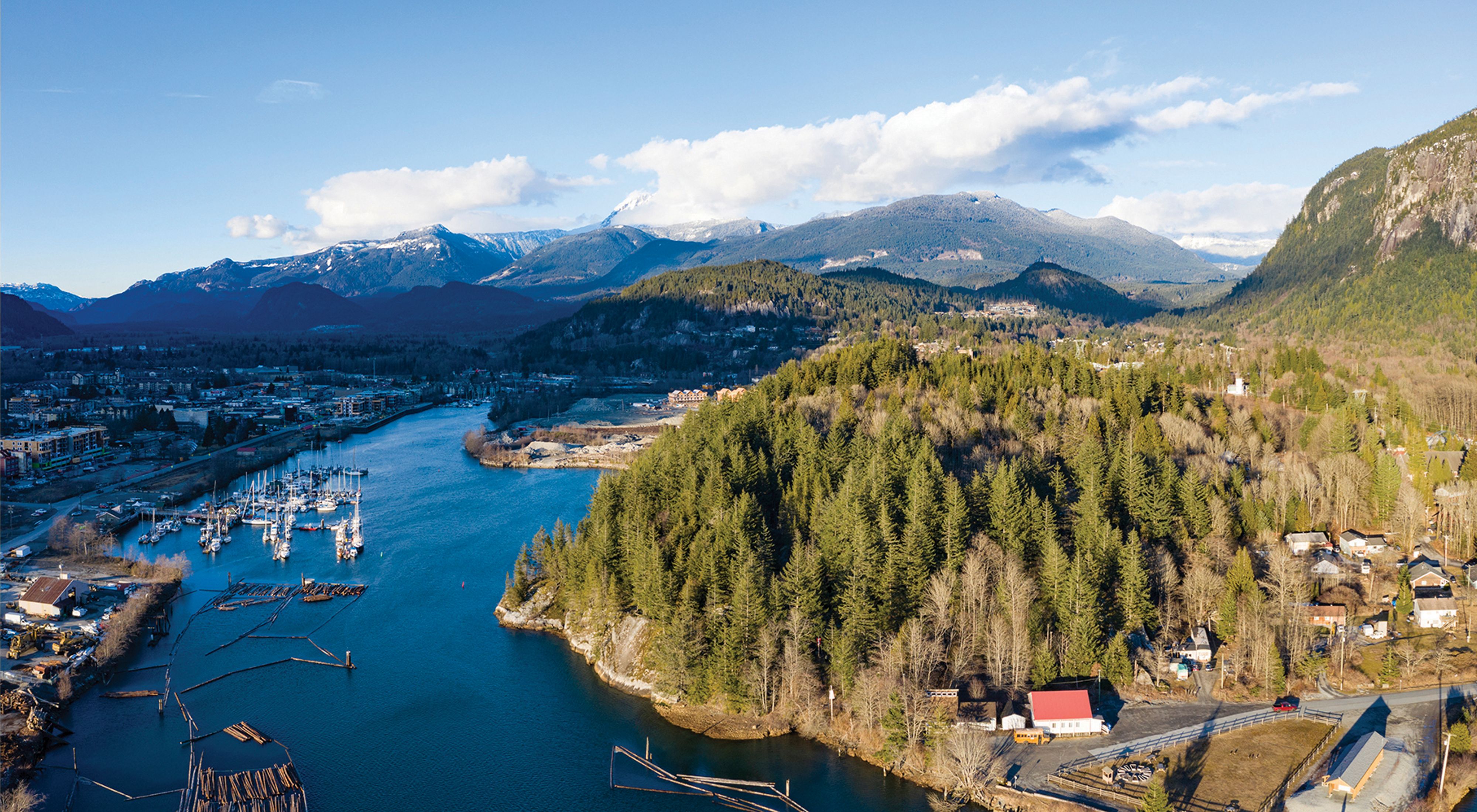 Aerial view of a lumberyard town in Squamish, British Columbia, Canada.