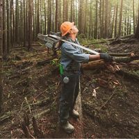 华盛顿州埃尔斯沃思溪保护区第二生长林中，伐木工人拉塞尔·希佩伊（Russell Shippey）正在砍伐走廊以拔出树木。