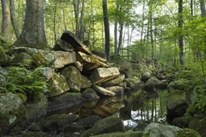 Pale sunlight shines on a colonial-era stone millrace canal that is slowly collapsing beside a still stream.