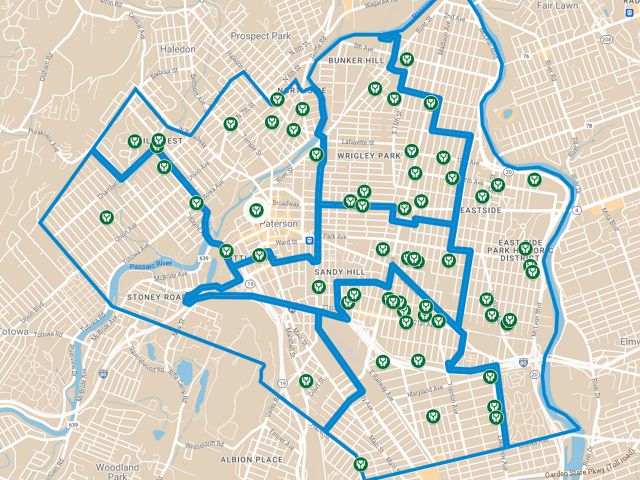 A screenshot of a clickable tan map that shows icons for locations of catch basins in Paterson.