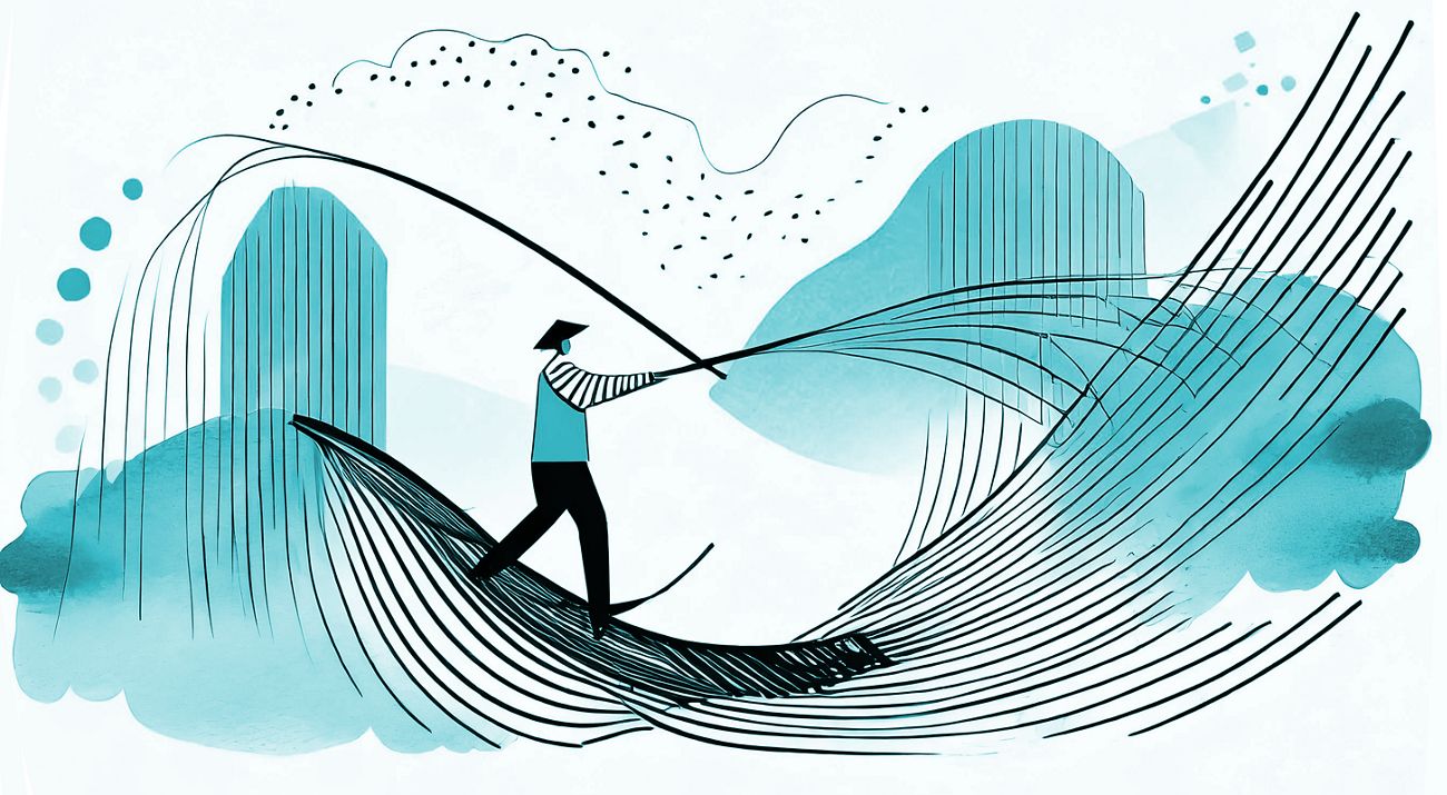 A fisherman pulls in his day's catch