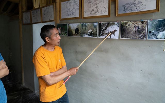 A man uses a pointer to point at a photo on a wall.