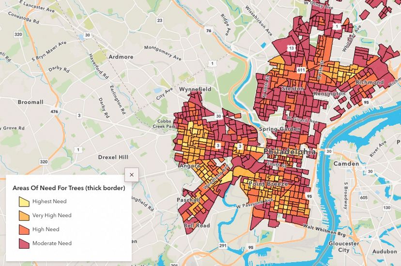 A map of Philadelphia showing areas in need of trees in red and yellow.