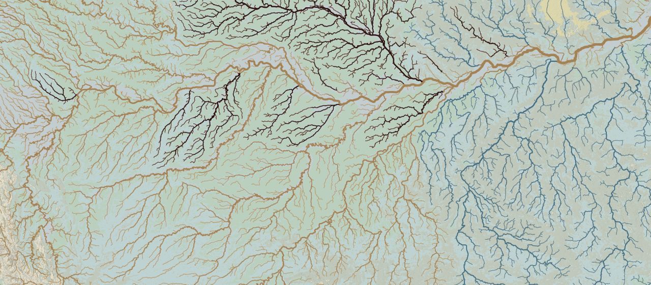 Mapping image with squiggly, colorful lines representing freshwater systems.