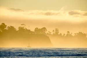 A fishing boat in fog with tall cliffs behind it.