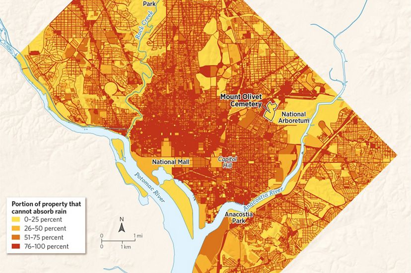 A map of Washington, D.C., where red areas cannot absorb stormwater.