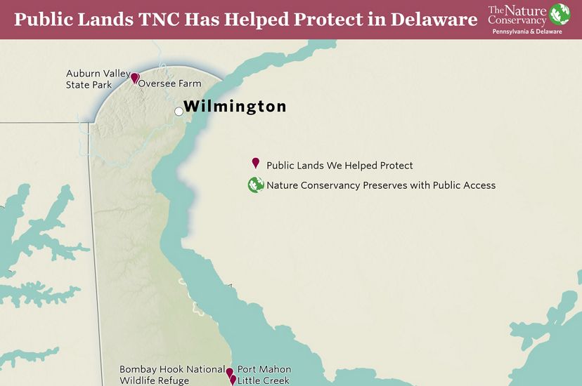Topographic map of Delaware. Red pins mark public lands TNC has helped to protect. Numbers highlight TNC preserves. 
