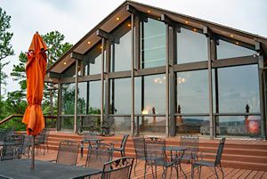 Large deck overlooking forest.