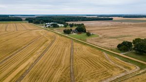 Aerial view of farmland next to forests.