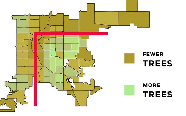A map of redlined communities in Denver.