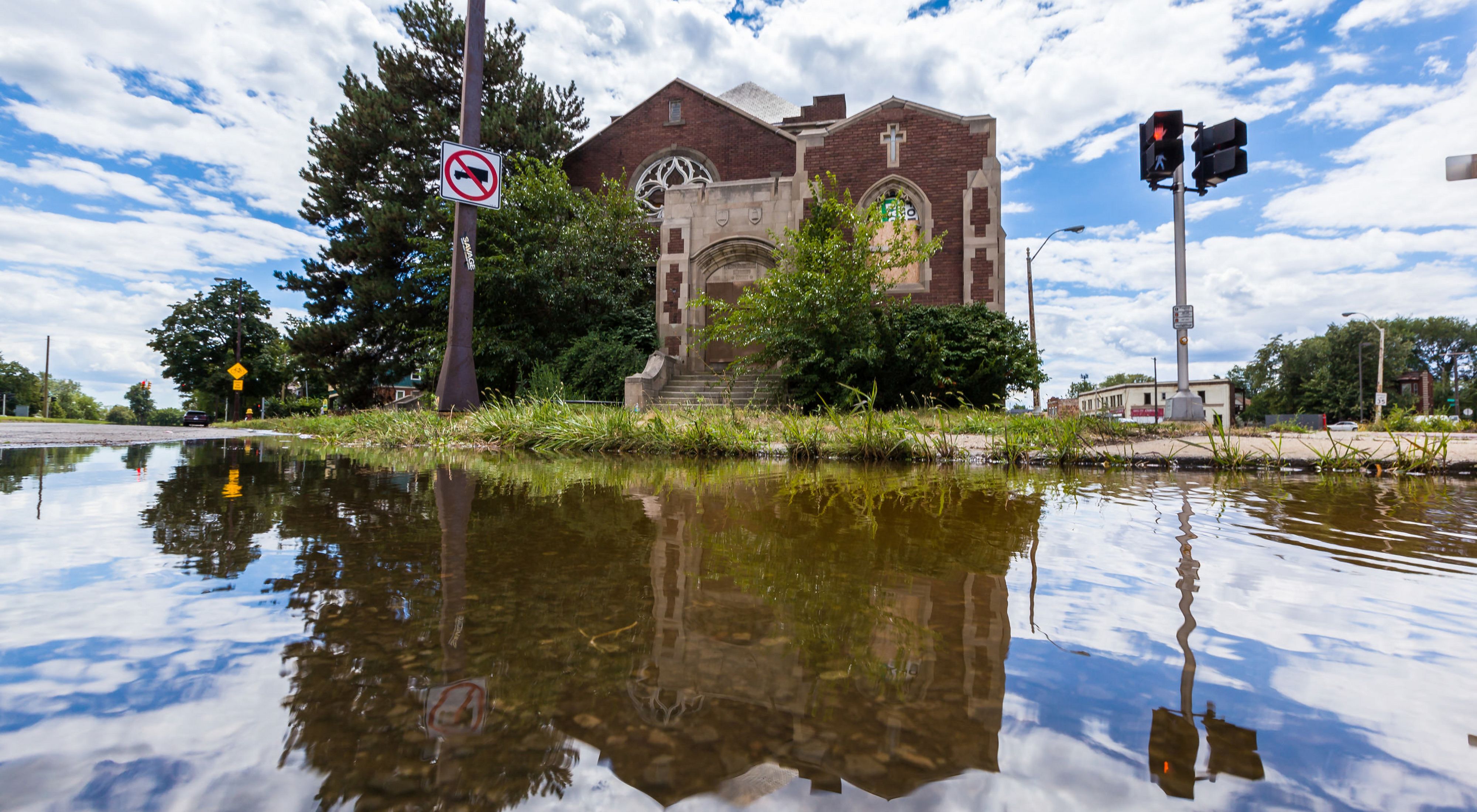 A church in Detroit is surrounded by stormwater flooding. 