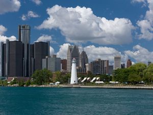 Tall buildings viewed from the Detroit River.