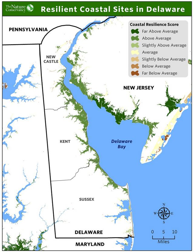 A map of Delaware showing coastal resilient sites in dark green.