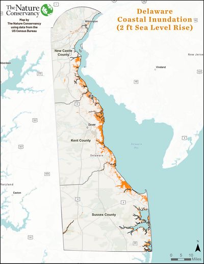 A map of Delaware, with areas of the coast highlighted in red showing predictions of sea-level rise.