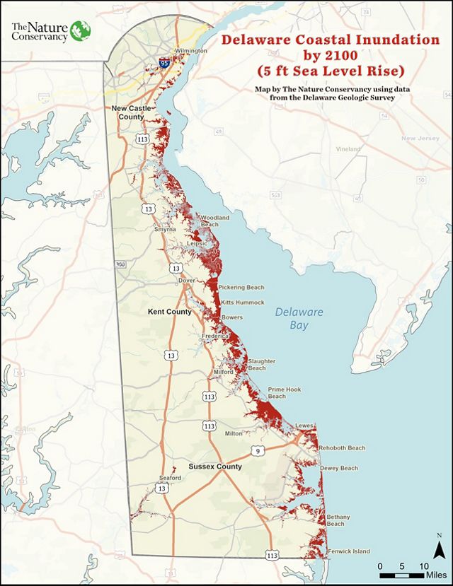 A map of Delaware, with areas of the coast highlighted in red showing predictions of sea-level rise.