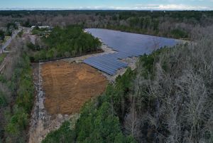 Aerial view of a solar farm within a forest.