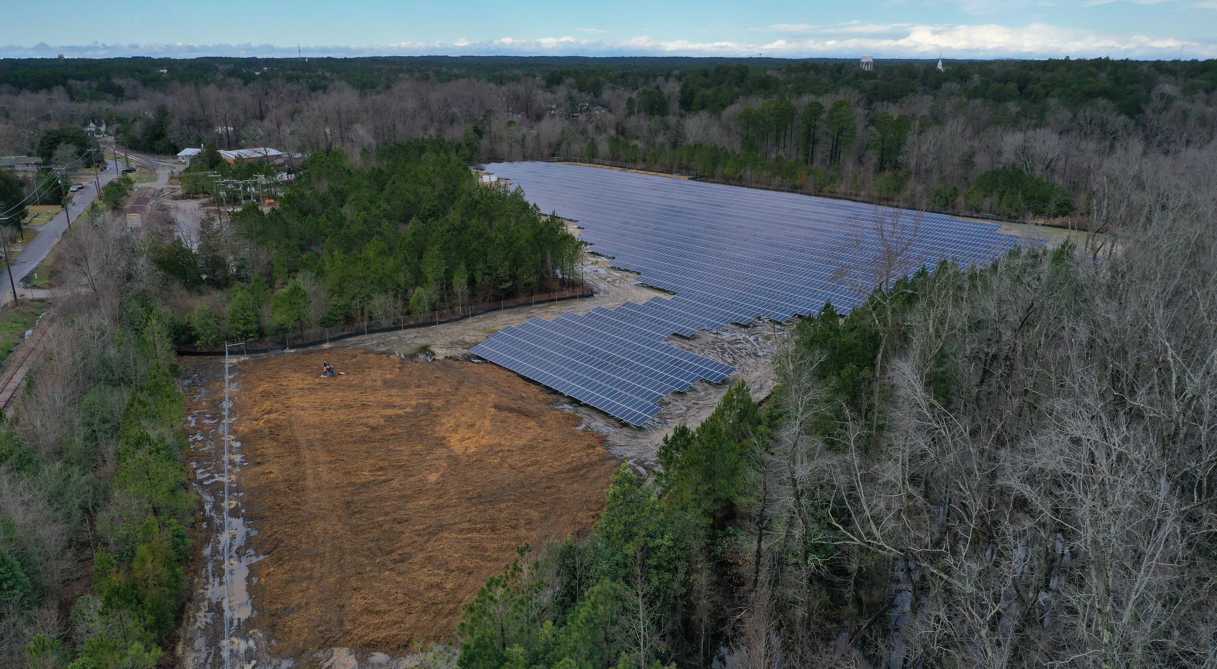 Drone shot of a solar farm near Elon, North Carolina