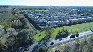 Aerial view of Hamilton City neighborhood next to the levee.