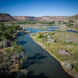 A wide river running through canyons and wetlands.