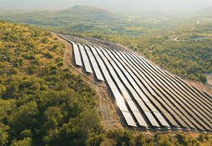 solar panels on vegetation-covered hillside.