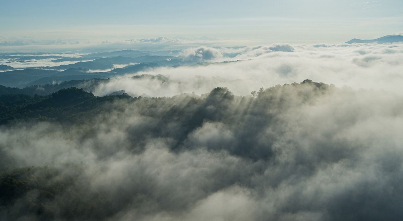 White mist shrouds the peaks of mountain ridges and fills the deep valleys.