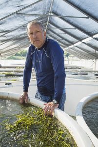 Dr. JJ Orth at TNC's eelgrass curing facility in Oyster, VA. A man stands next to a large open tank filled with water that holds eelgrass shoots. Three rows of tanks stand behind him.