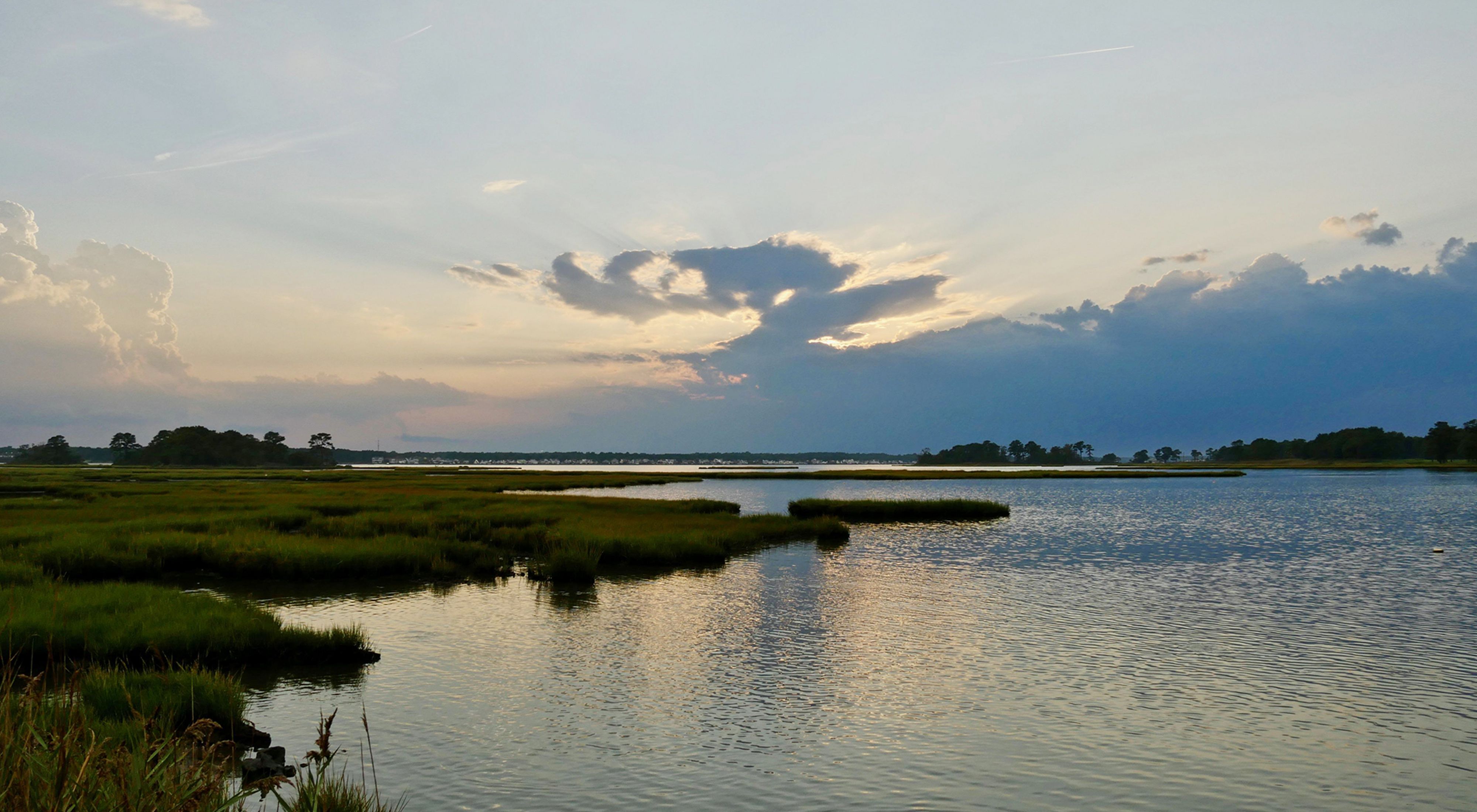 The sun sets over a wide body of water. Fingers of land covered with thick marsh grasses poke into the water. The sun is hidden behind a thick bank of clouds along the horizon.