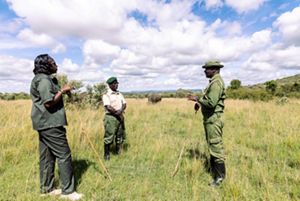 A group of three speaking in a Kenya grassland.