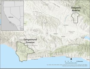 A map of central California with two preserves highlighted: the Dangermond Preserve and the Sedgwick Reserve.