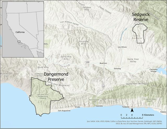A map of central California with two preserves highlighted: the Dangermond Preserve and the Sedgwick Reserve.