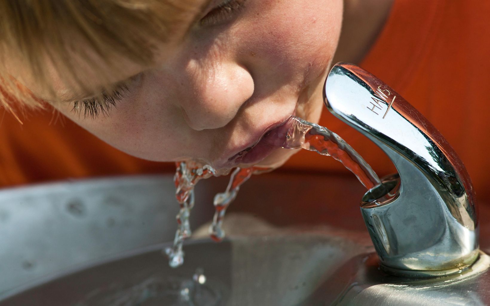 A child sips water out of a drinking fountain.