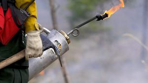 Close up image of a drip torch used to control precisely where fire is put on the ground, a drip torch is an important tool used during a planned fire.