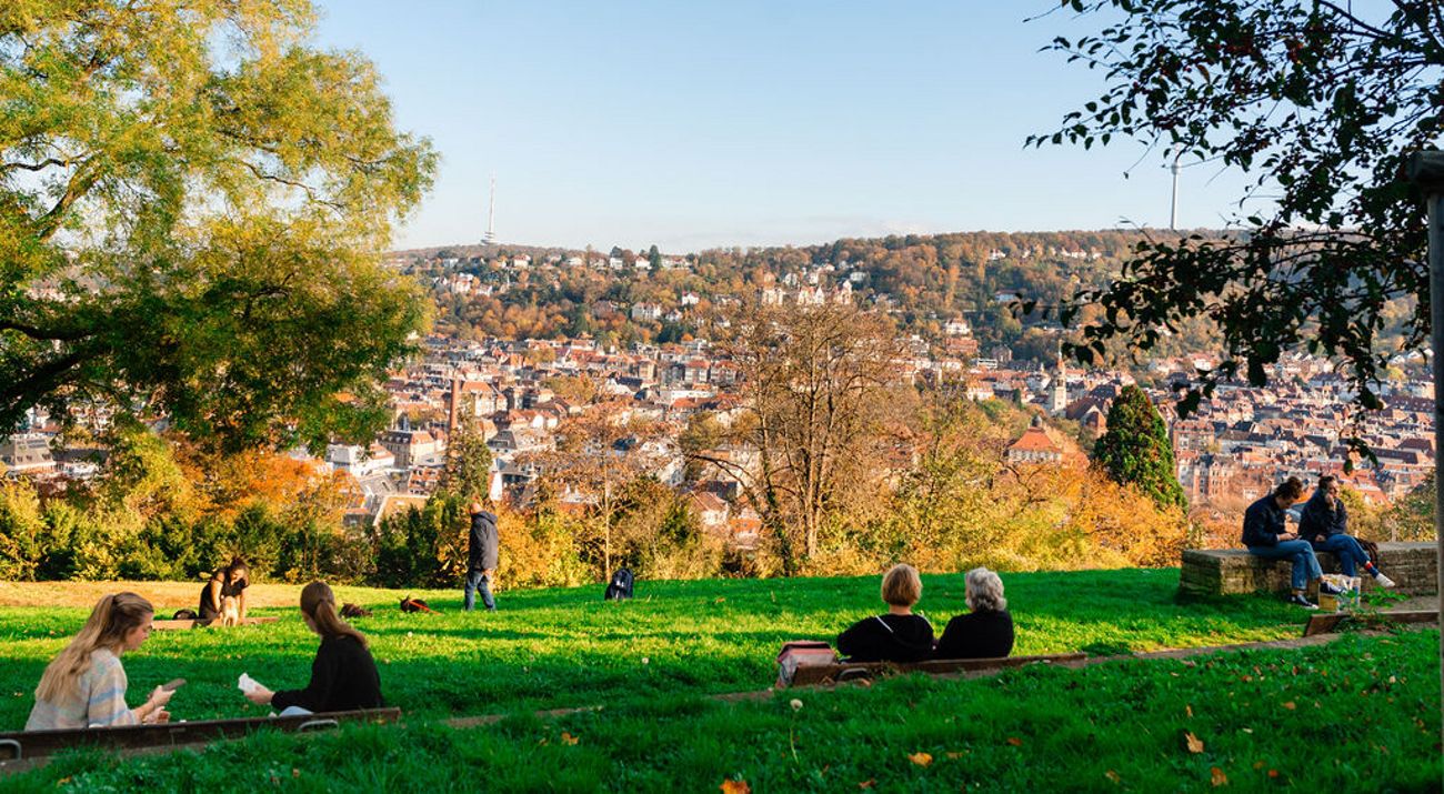 A green space with a village in the background, people gathered in different areas reading and talking.