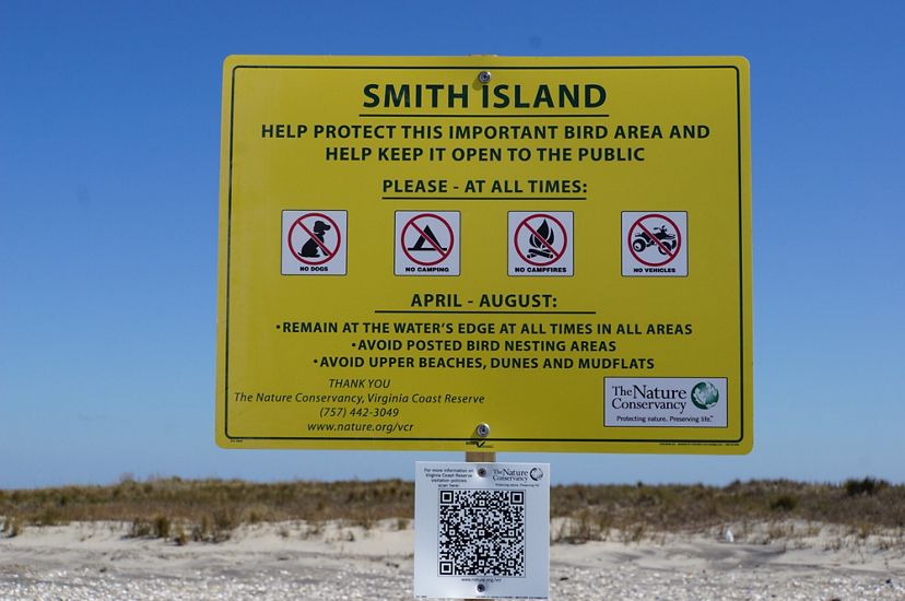 A large yellow sign on Smith Island warns visitors of sensitive nesting areas nearby.