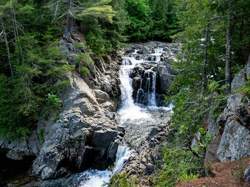 A waterfall tumbles over large boulders in the middle of a forest.