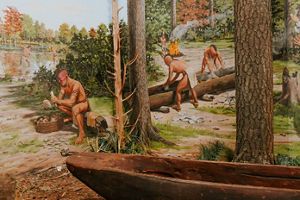 A large mural depicts a river provided and indigenous communities.