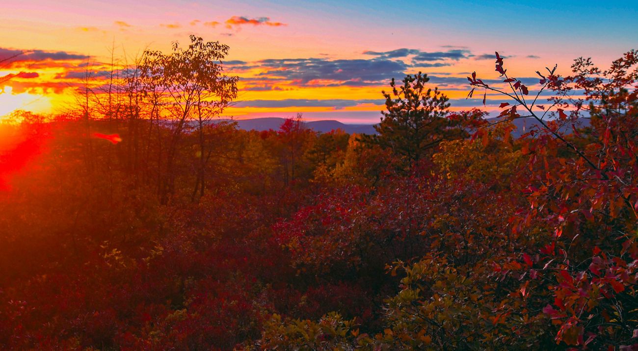 A sunsets over the horizon creating a pink, purple, and orange clouded sky.