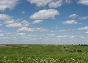 Rolling hills of prairie beneath a light blue sky.
