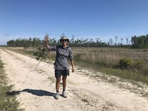 A volunteer stands on a dirt road smiling with accomplishment at the weeds in their hand.