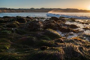 Wave approaching ocean shore with tidal pool in the foreground and sun setting over a ridgeline in the distance.