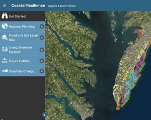 Screen capture from a coastal planning tool showing satellite view of the Chesapeake Bay, eastern Virginia and the Eastern Shore.