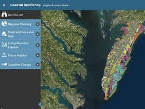 Screen capture from a coastal planning tool showing satellite view of the Chesapeake Bay, eastern Virginia and the Eastern Shore.