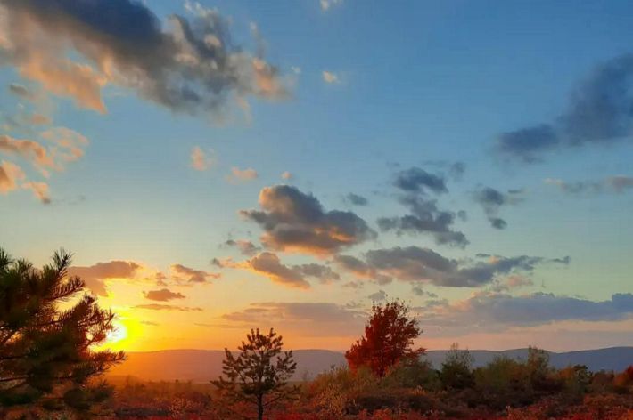 An orange sun sets in the distance behind a forest filled with bright fall colors.