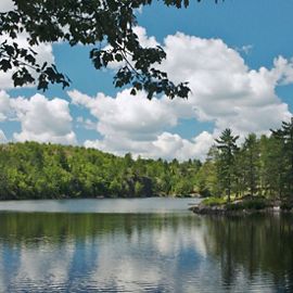 Echo Lake surrounded by tall green trees under a blue, cloud-filled sky.